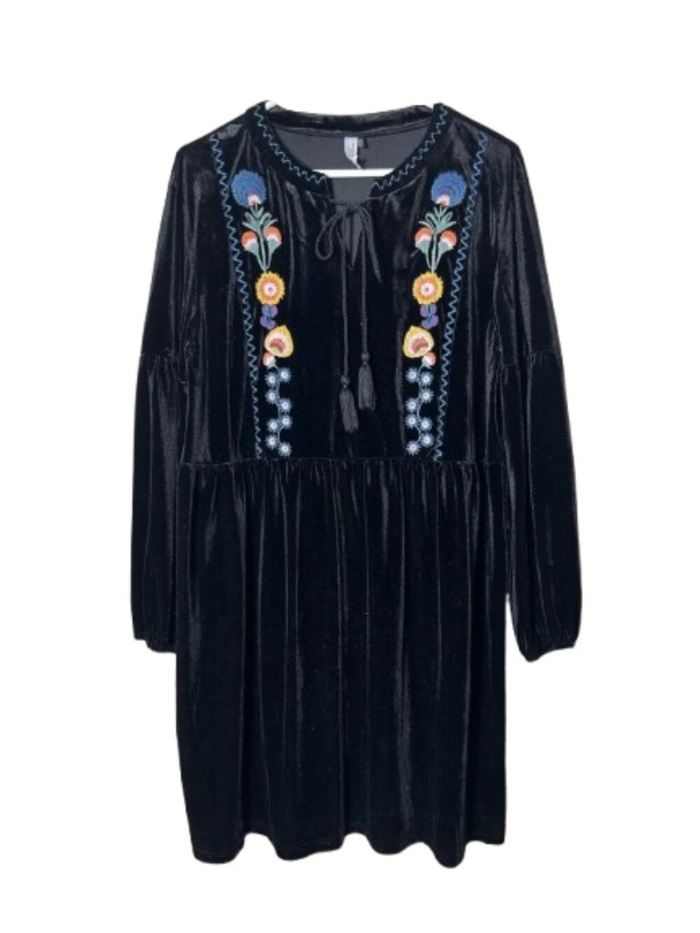 L Love black floral embroidered velvet long sleeve dress womens M boho folk art
